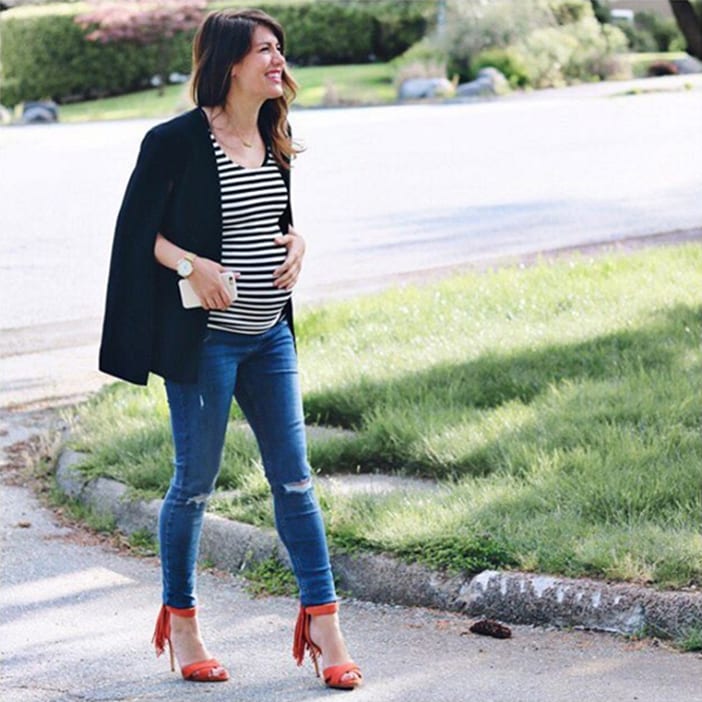 JIllian wearing striped shirt and black ASOS blazer