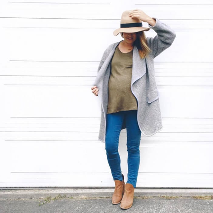 Jillian Harris wearing grey wool coat and Poppy Barley tan booties