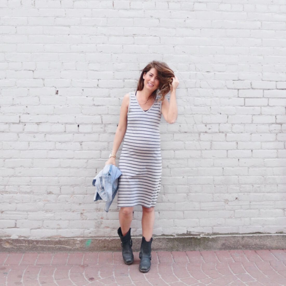 jillian harris in striped joe fresh dress and frye boots