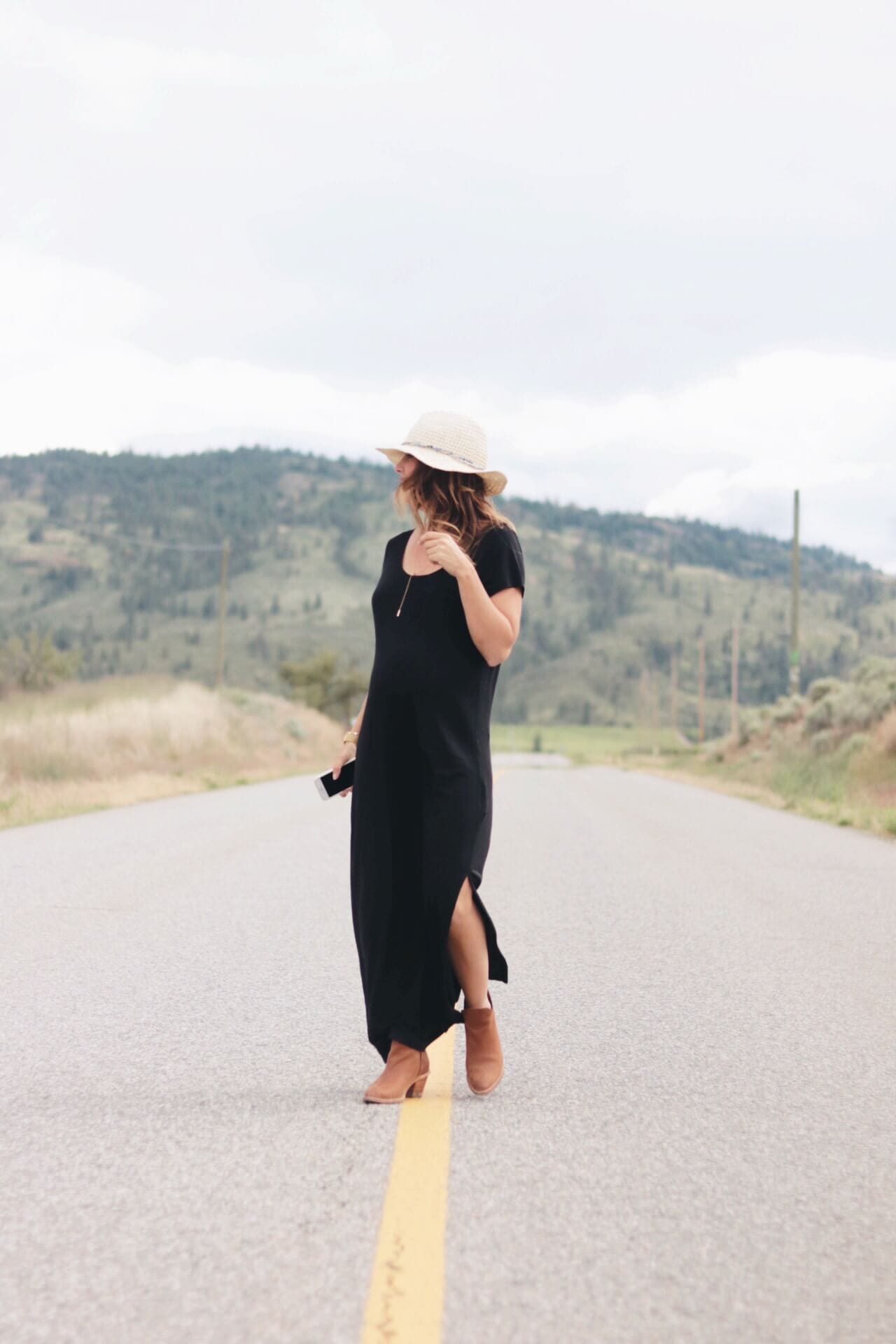 jillian harris in the middle of the road in Osoyoos wearing poppy barley and joe fresh