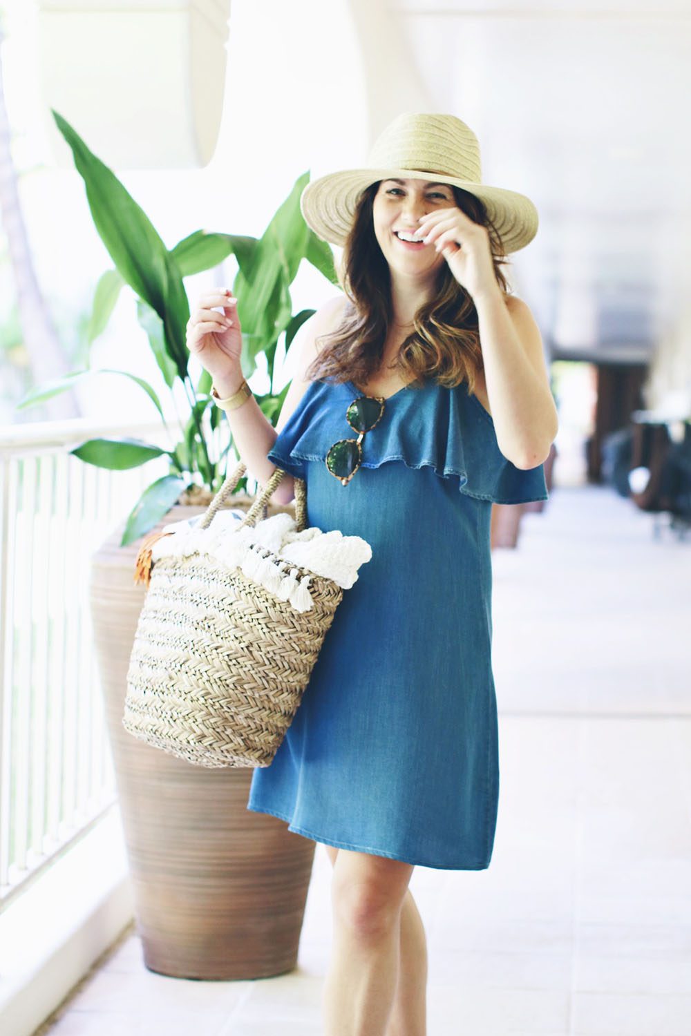 jill-in-maui-with-straw-bag-ad-denim-dress