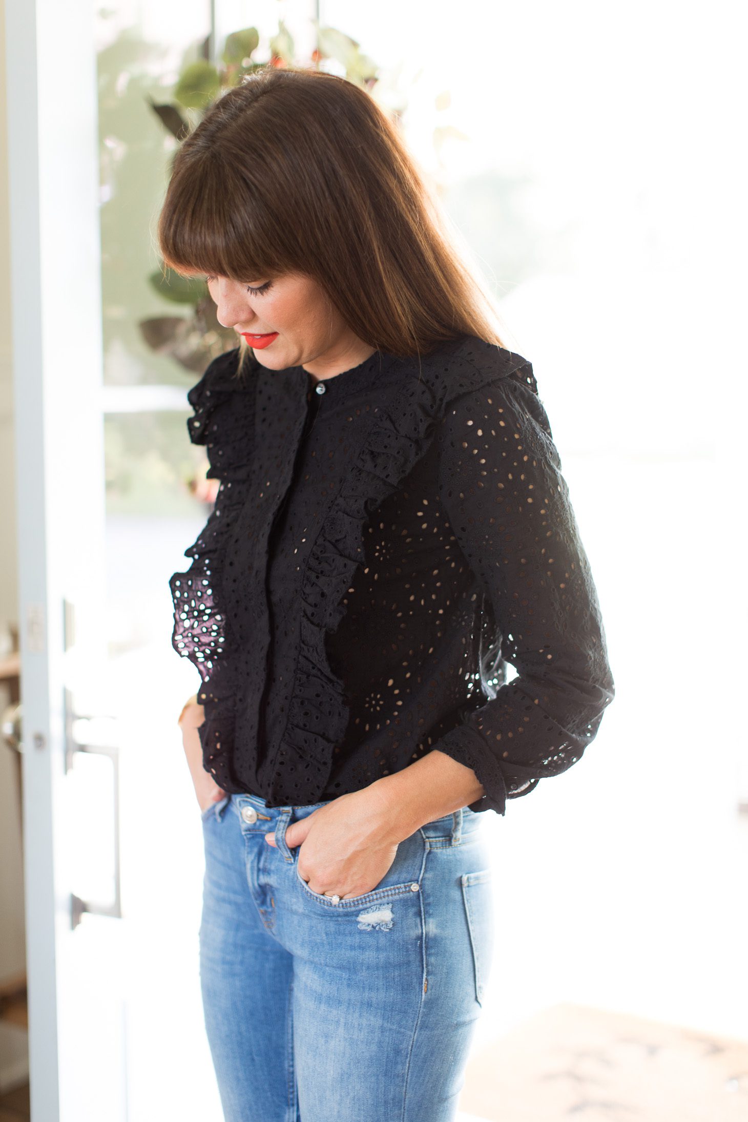 Jillian Harris Nordstrom Black Ruffled Top