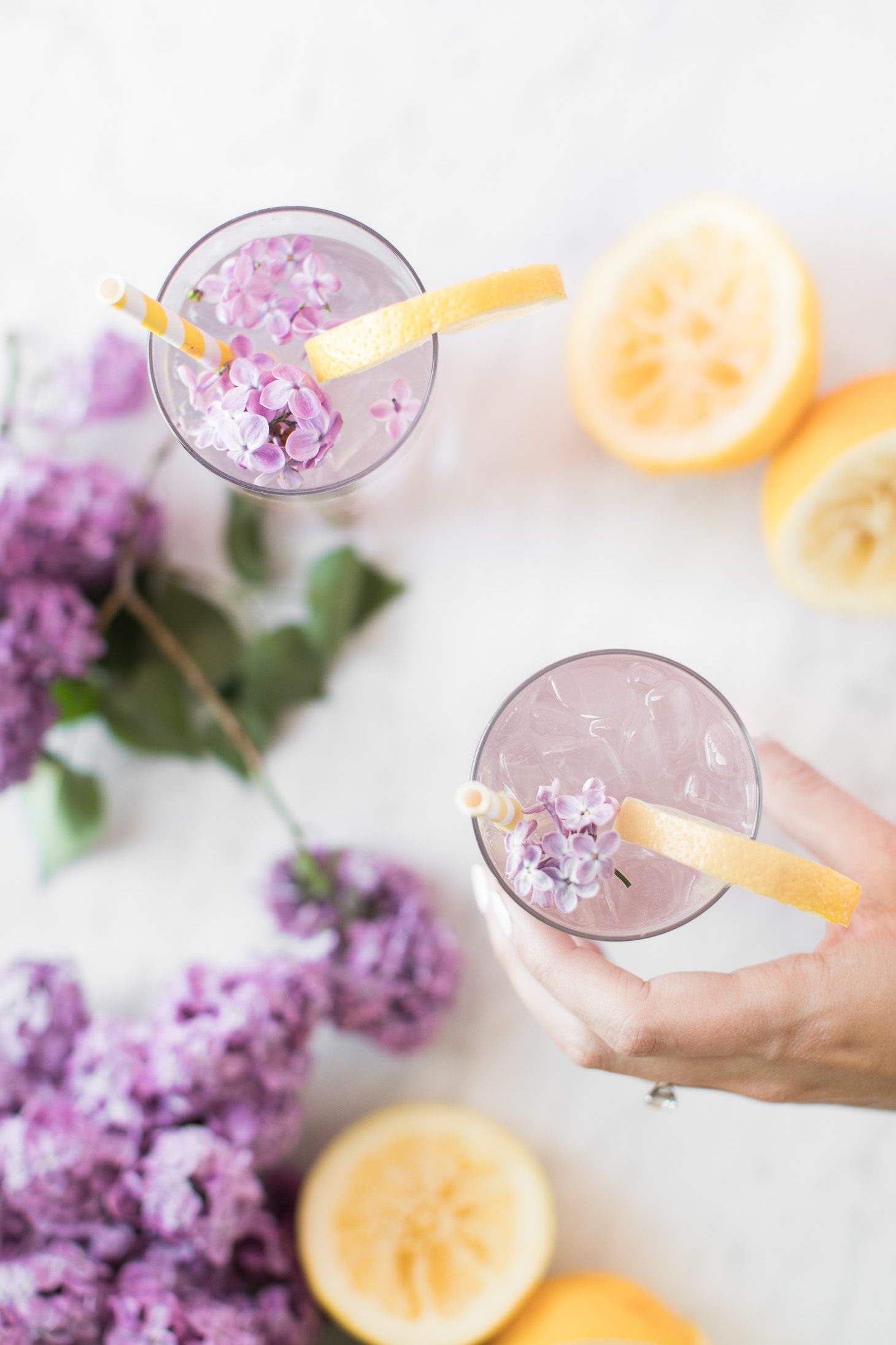 Overhead shot of two glasses of lemonade lilac blossoms floating on top. 