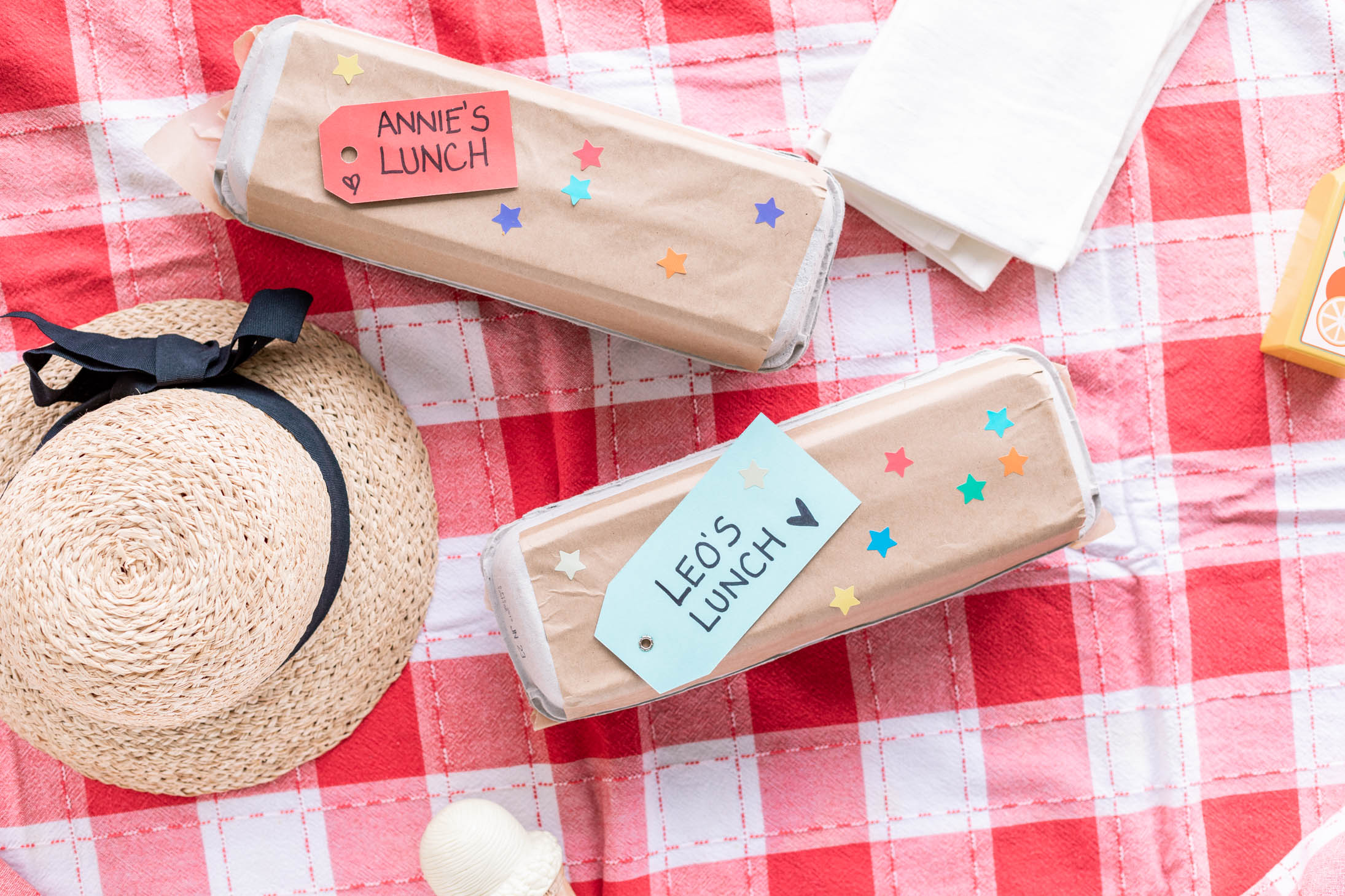 Overhead view of Jillian Harris Egg Carton Picnic showing cartons she made for her children Annie and Leo on a red and white plaid table cloth.