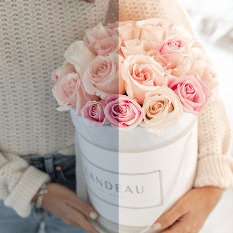 Jillian Harris presets shown on a photo of Jilly holding pink and white roses.