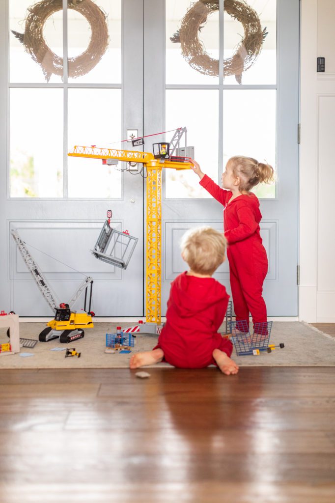 Leo and Annie playing with Playmobil RC Crane 