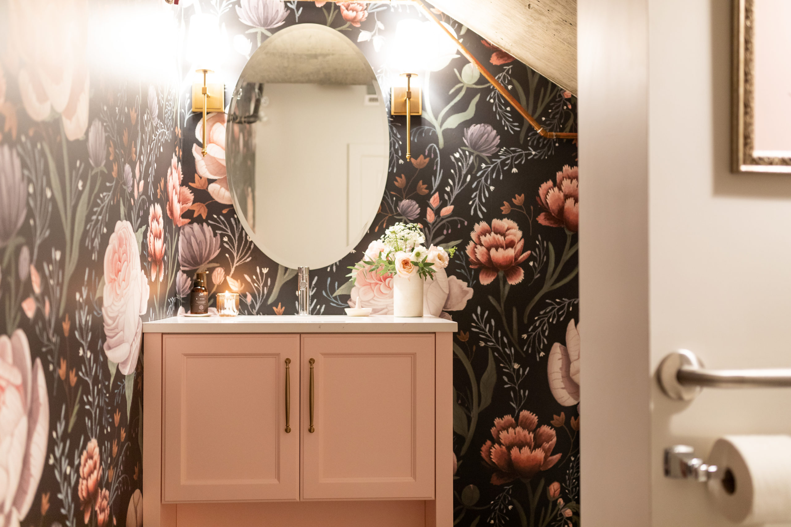 A feminine, dramatic and moody bathroom design