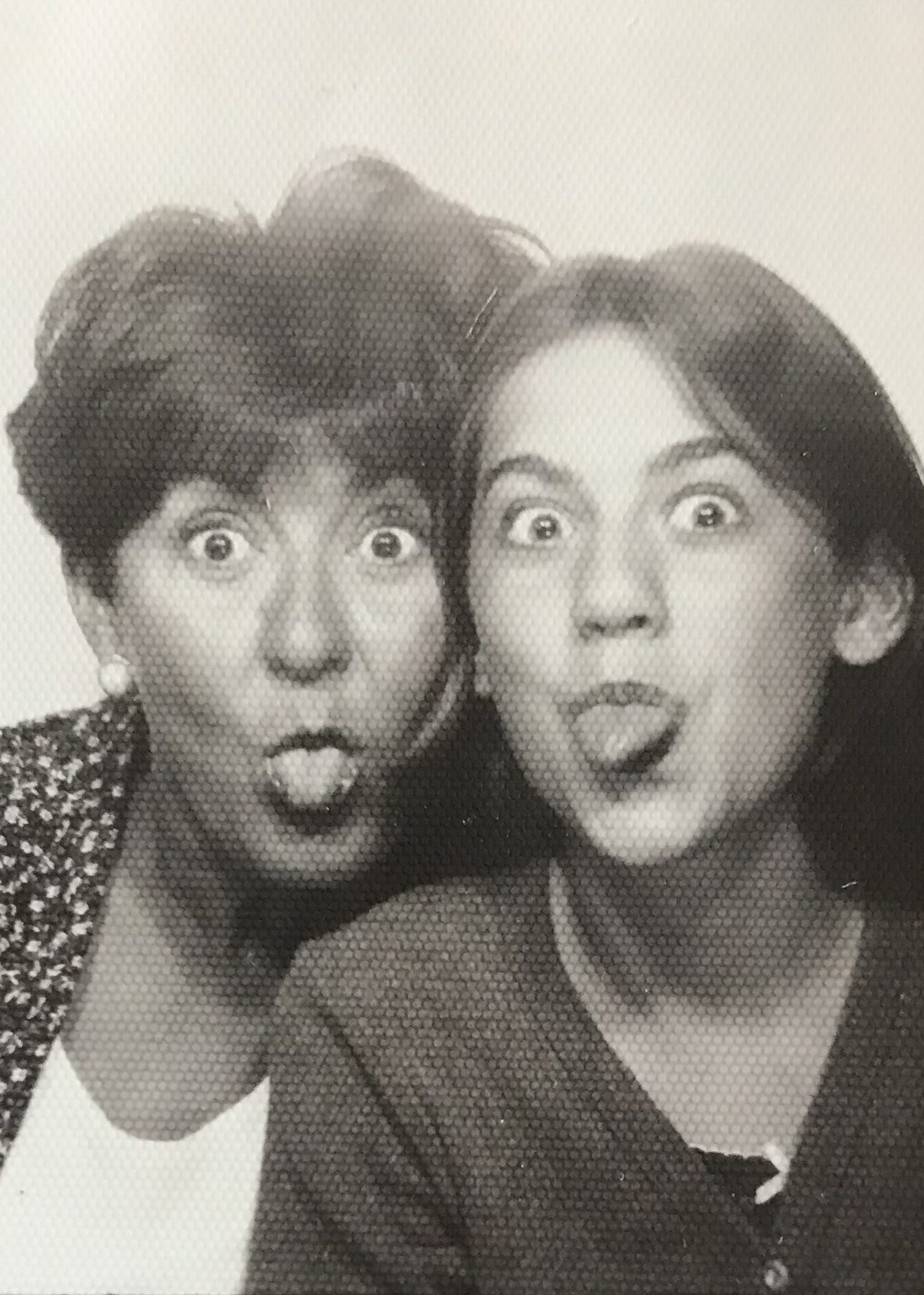 Black and white photobooth photo of Jillian and Peggy Harris representing their Mother's Day Q&A.