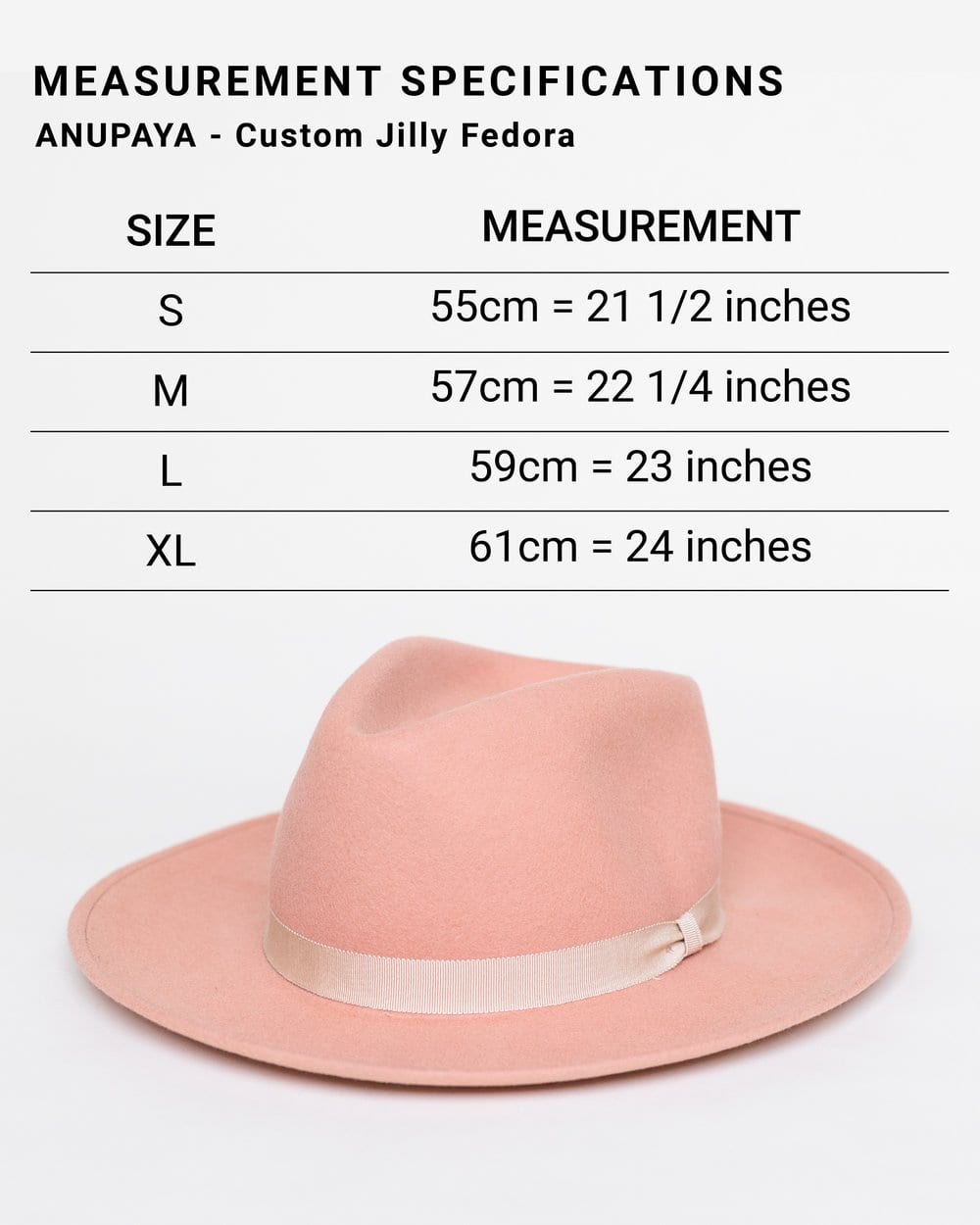 Anuypaya Custom Jilly Fedora Add-On Size Chart