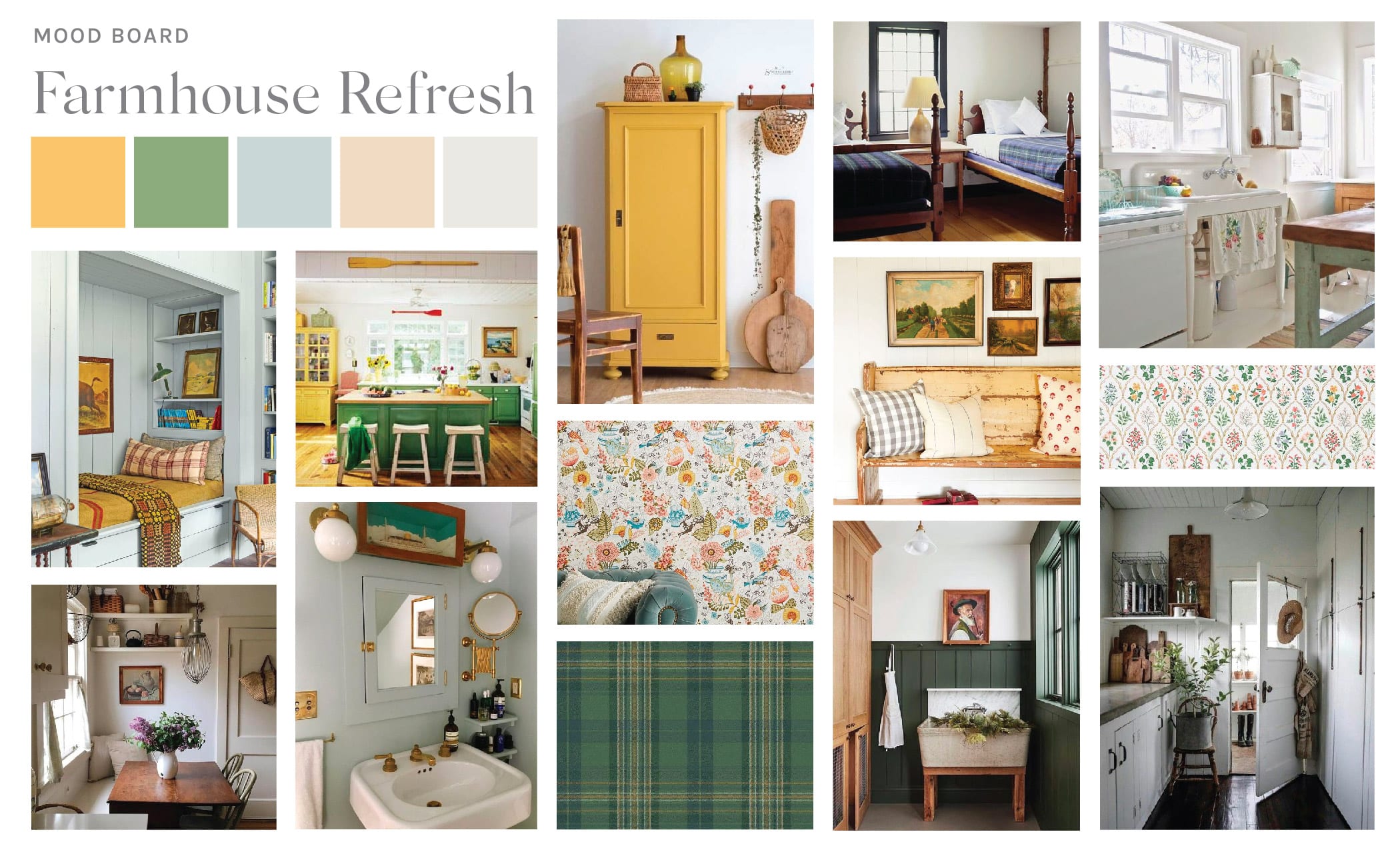 Jillian Harris' farmstead Mood Board showing shades of yellow, green soft blue, beige and antique white.