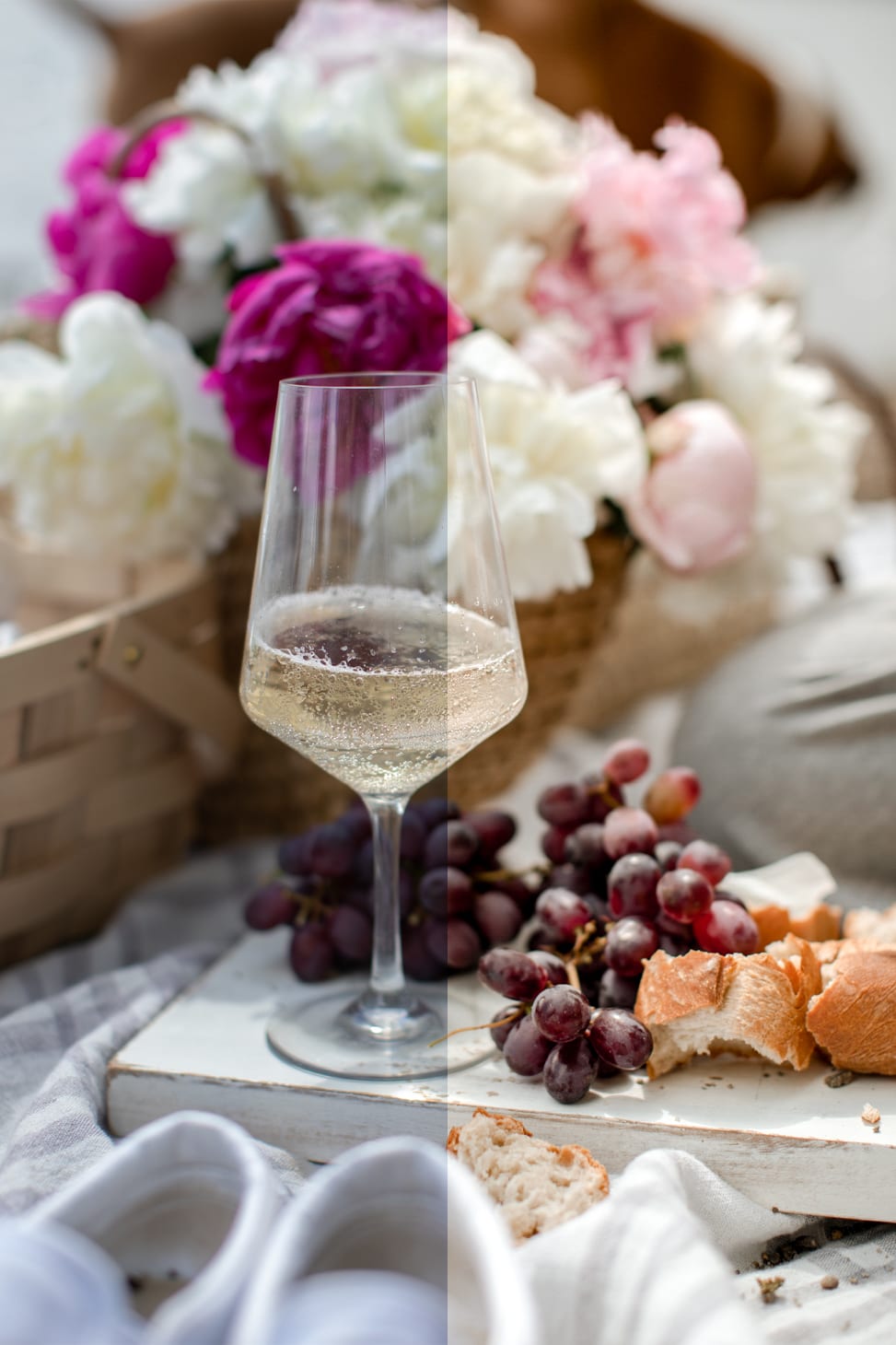 Jillian Harris is now offering Stock Photo Imagery through The Jilly Academy Campus Store such as this  image of a charcuterie board with a cold glass of white wine and a picnic basket filled with florals. 