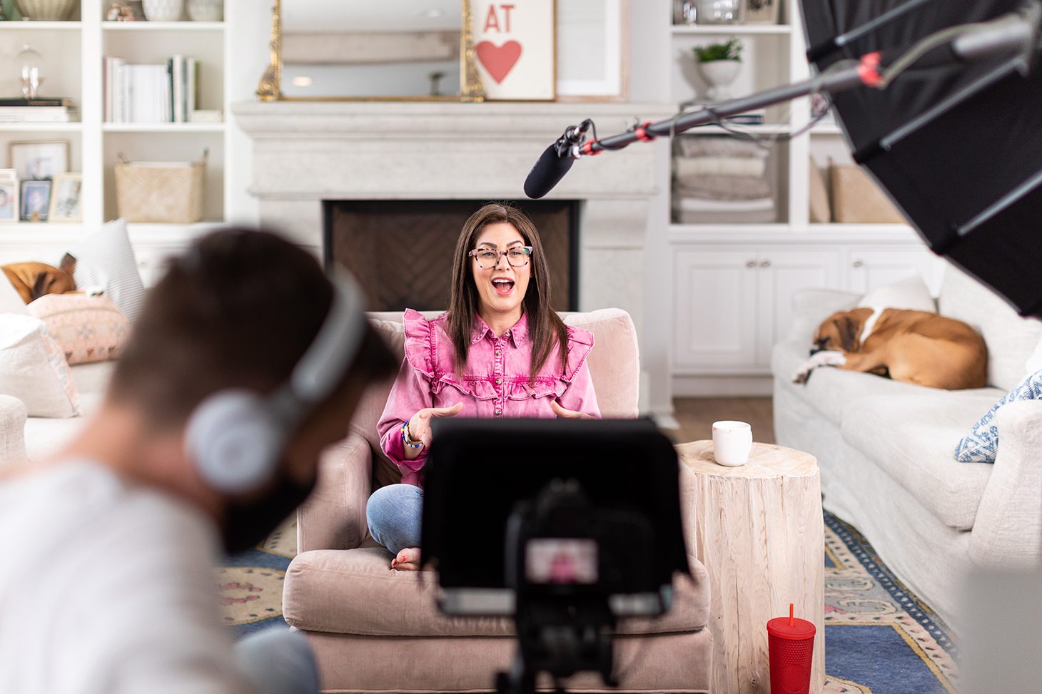 Jillian Harris filming for The Jilly Academy in her living room. Courses set to relaunch for fall semester.