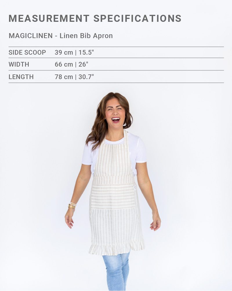 Sizing chart for MagicLinen x Jillian Harris Linen Bib Apron for Winter 2021 Jilly Box