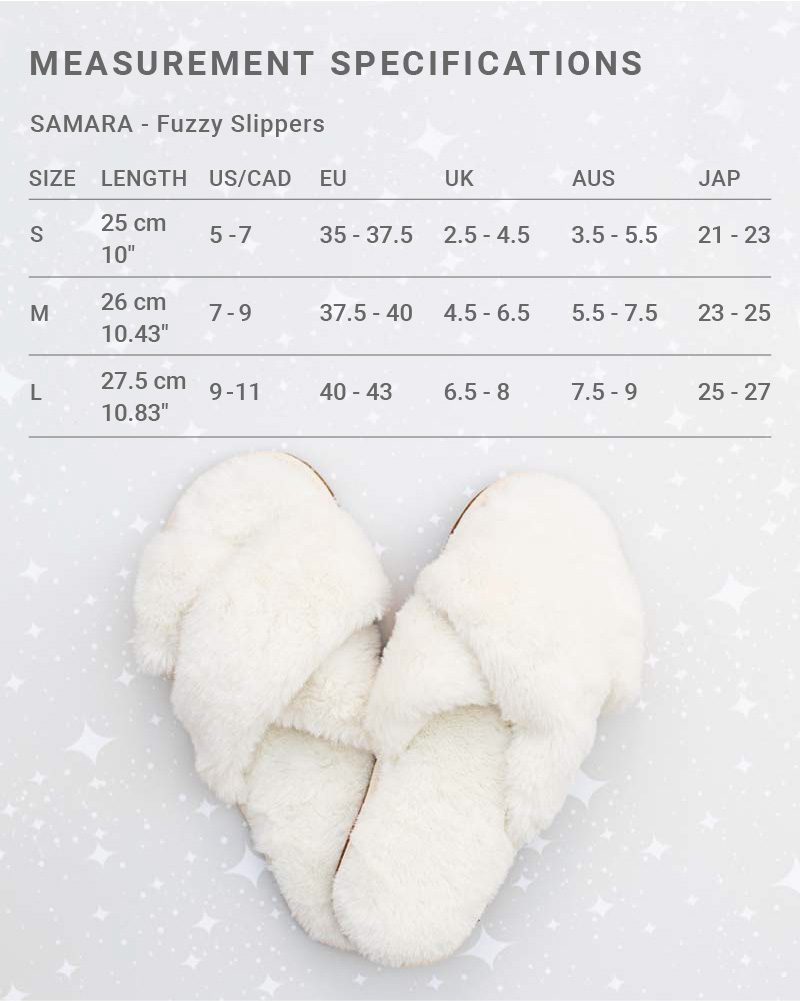 Sizing chart for Samara x Jillian Harris Fuzzy Slippers for Winter 2021 Jilly Box