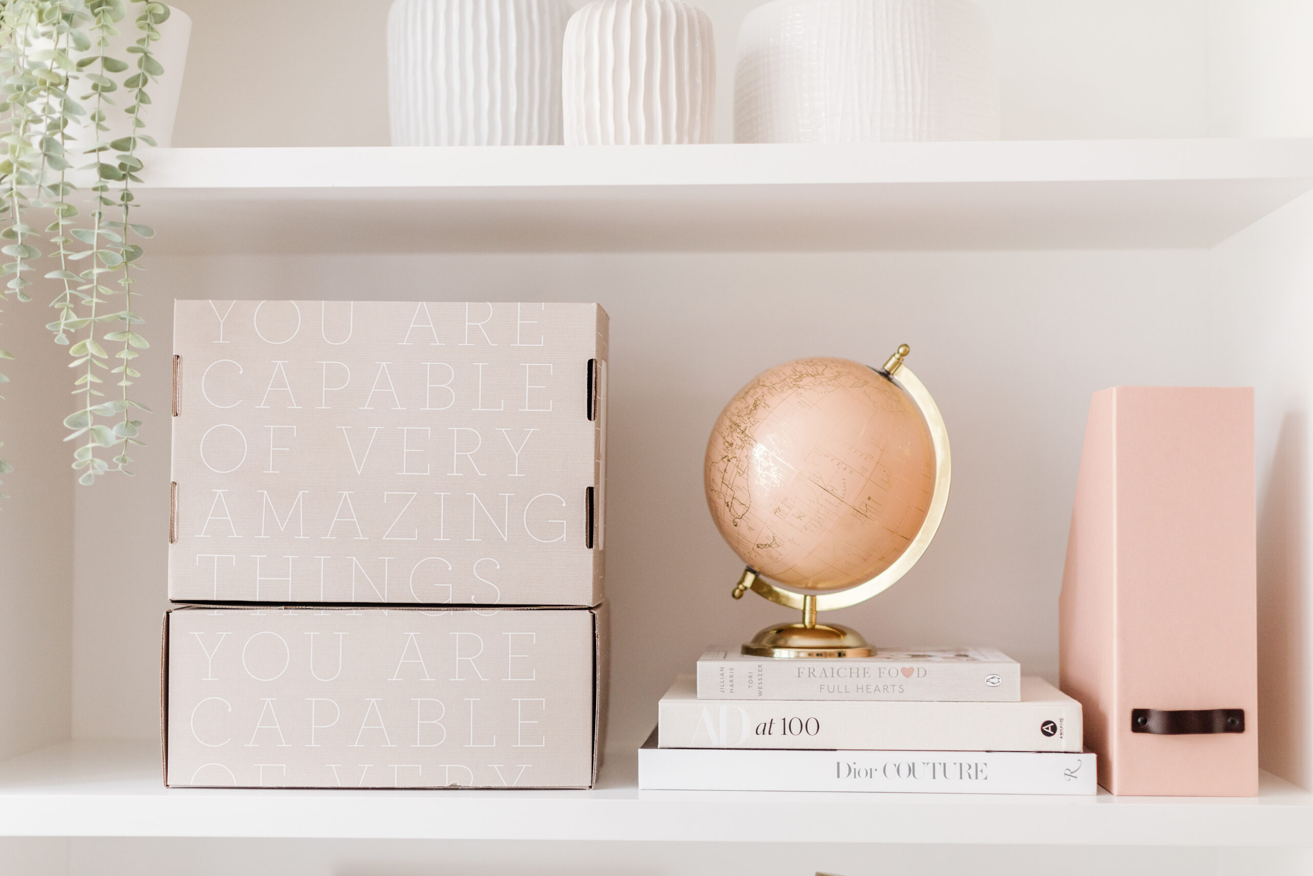 Jillian Harris' office shelf showing The Jilly Academy Box, a stack of books with a globe on top, desk organizers and a few vases. 