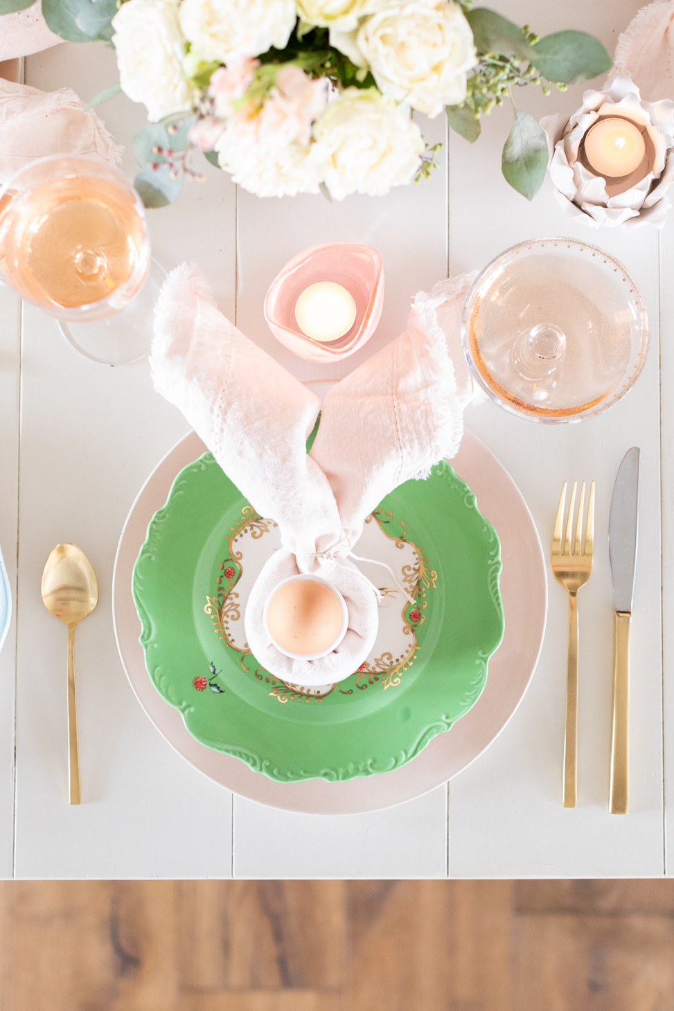 Overhead of easter tablescape with candles