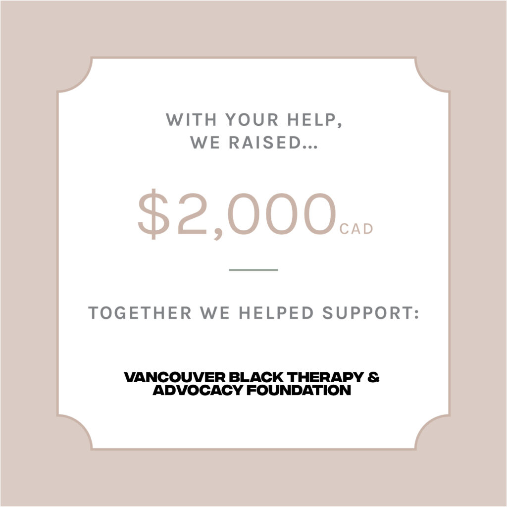 Fundraiser badge graphic. Text on graphic reads: With your help, we raised $2000 CAD. Together we helped support: Vancouver Black Therapy & Advocacy Foundation