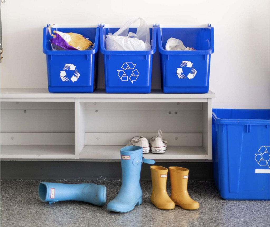 Separated recycling bins for sorting household recycling