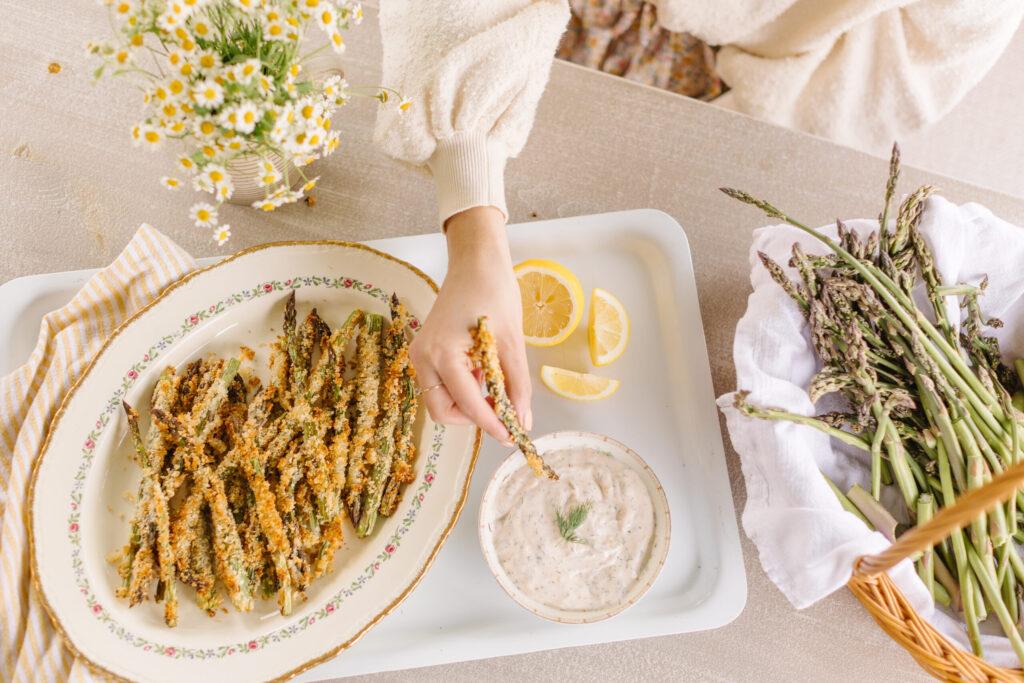 Dipping Asparagus Fries in Vegan Lemon Garlic Aioli Jillian Harris