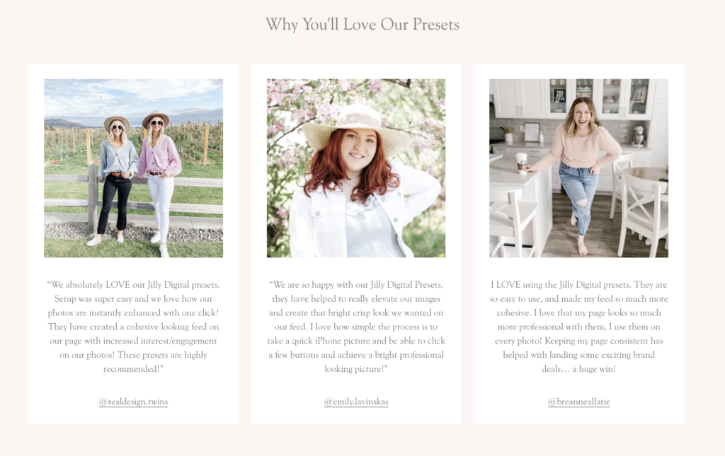 Testimonials for Jilly Digital Presets on the Jilly Digital Website