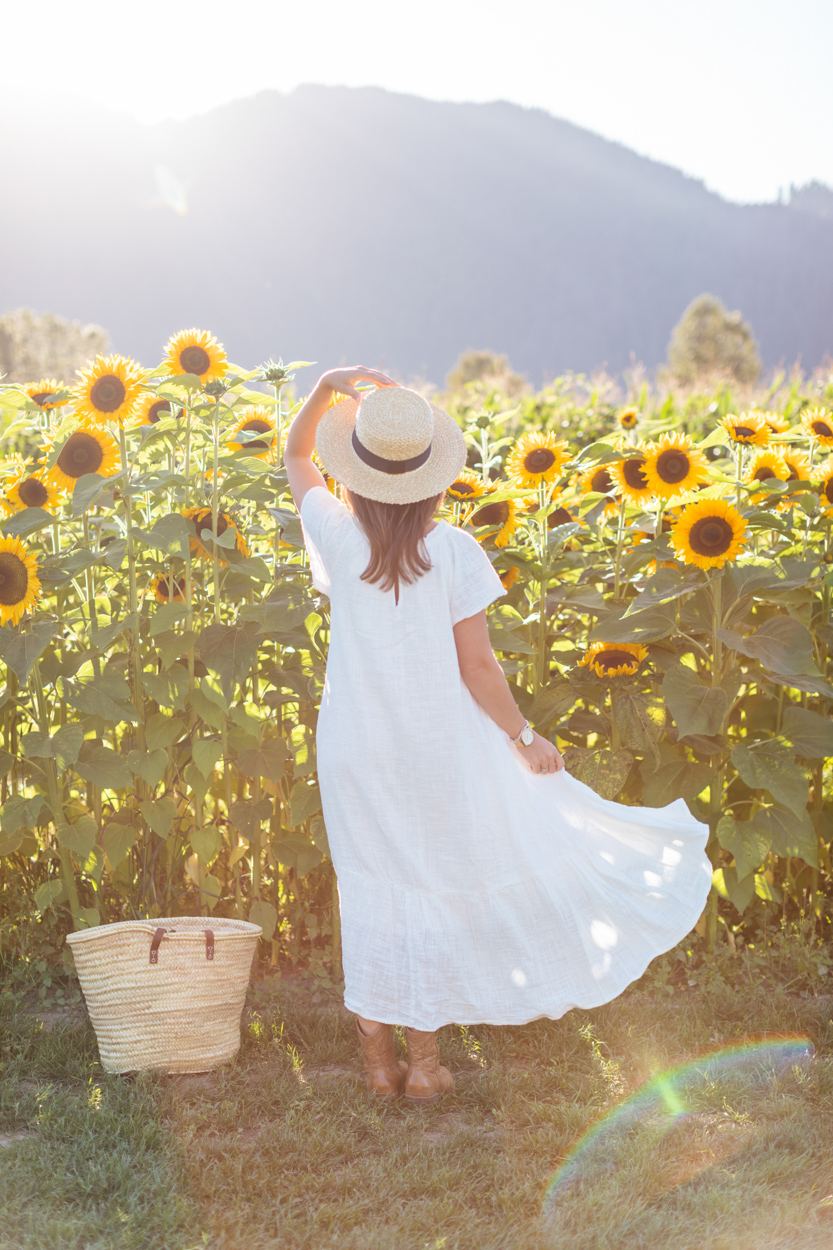 Jillian Harris in a field of sunflowers with the sun shining in wearing a white flow dress, cowboy boots and a beach hat next to a straw bag for outfit idea for Academy at the Farm.