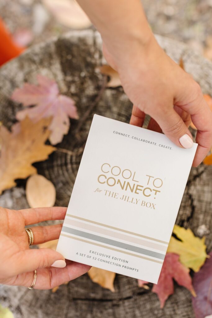 Jillian Harris with the Connection Cards from Cool to Connect included inside The Fall 2022 Jilly Box