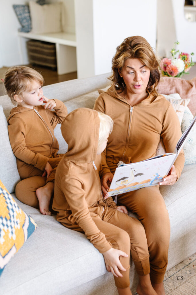 Jillian Harris, Annie, and Leo wearing the new Cinnamon Brown Harris Hoodie from the Jillian Harris x Smash + Tess Collaboration