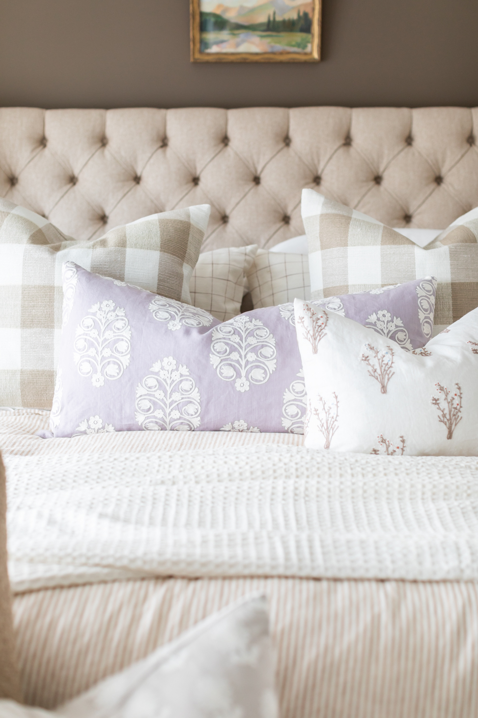 The Cross floral pillows for Jillian Harris's brown bedroom transformation 