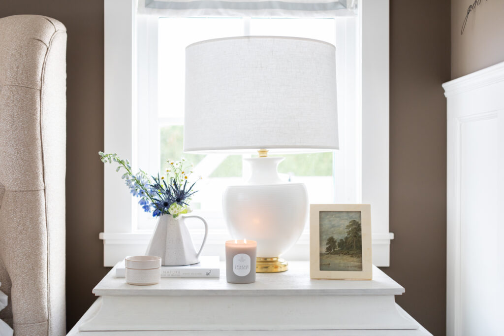 Lamp and Harlowe Chest for Jillian Harris's brown bedroom transformation with The Cross