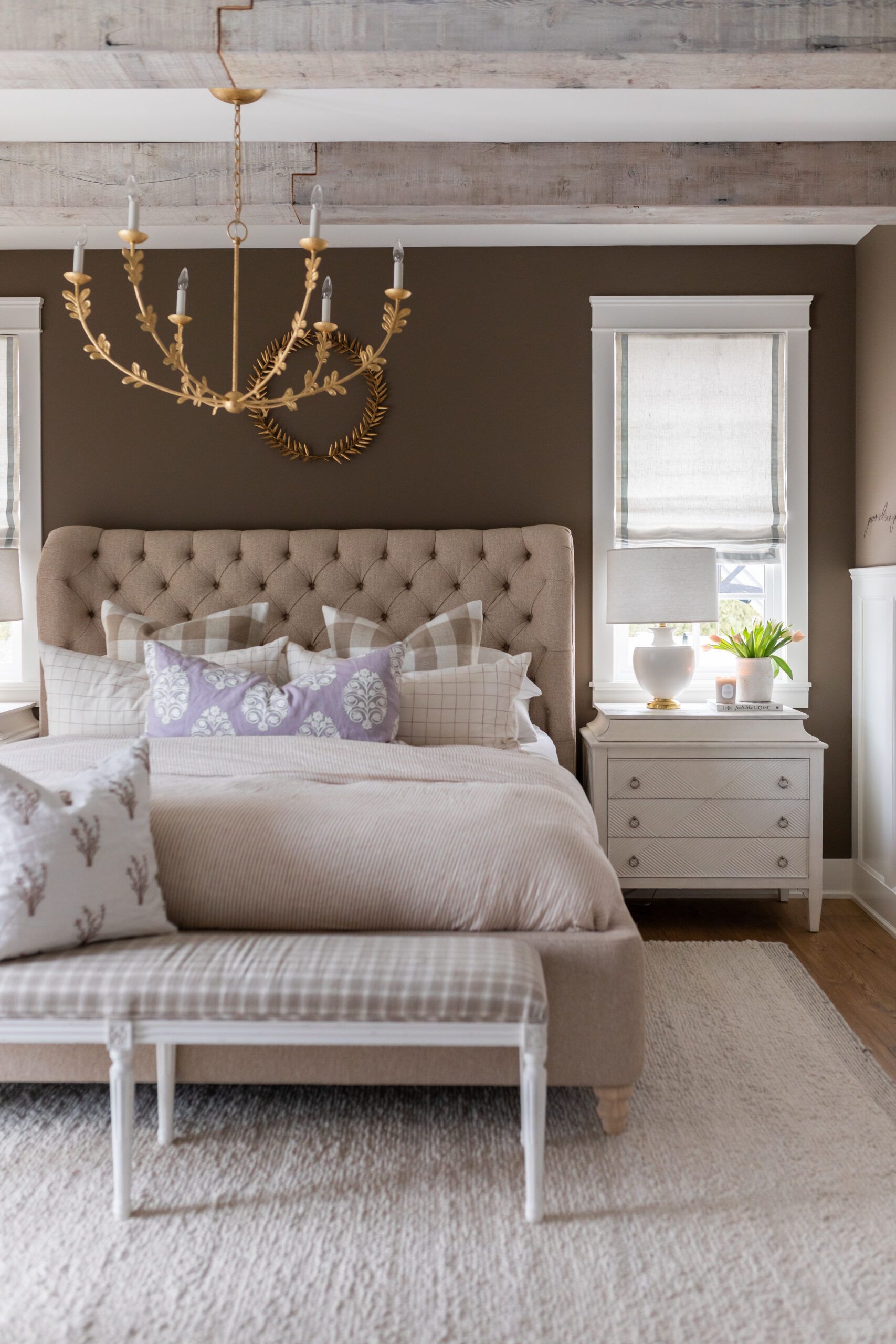 Jillian Harris's brown bedroom reveal in collaboration with The Cross Decor & Design