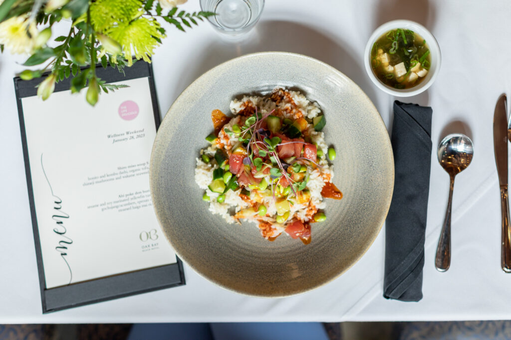 Jillian Harris eating at The Oak Bay Beach Hotel for The Oak Bay Beach Hotel Wellness Retreat