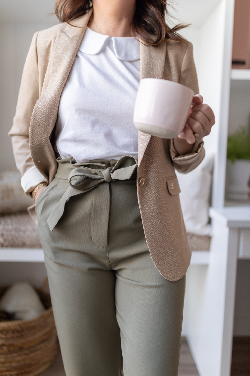 Elevated Classics Collection Perfect Trouser in Soft Olive worn by Jillian Harris