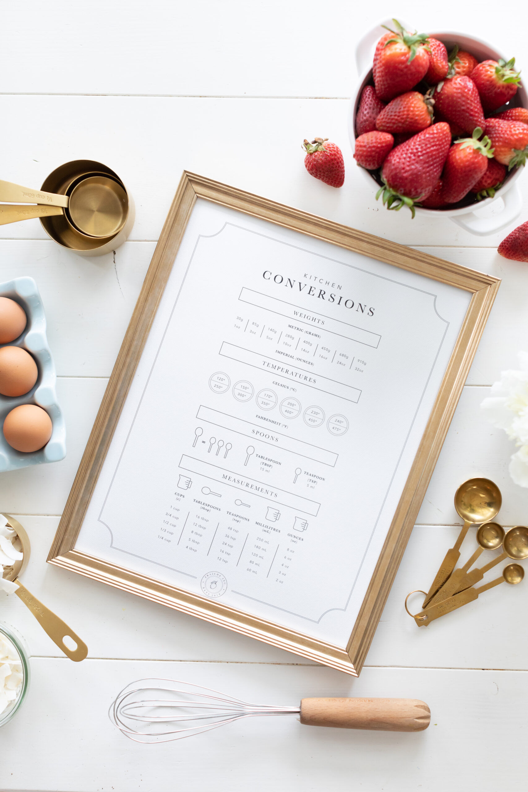 Measuring and temperature conversion chart from fraiche living in gold frame surrounded by different ingredients