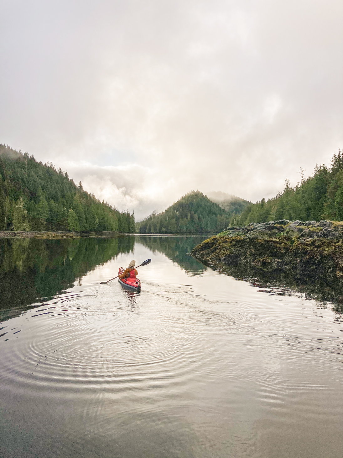 Shay Merritt kayaking at the Nimmo Bay retreat