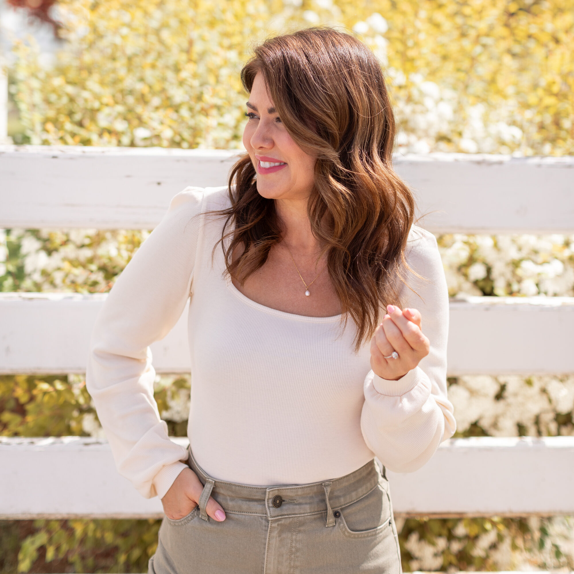 Jillian Harris wearing the Dream Puff Long Sleeve Top from the Jillian Harris x Joe Fresh x Life At Home™ Fall Collection