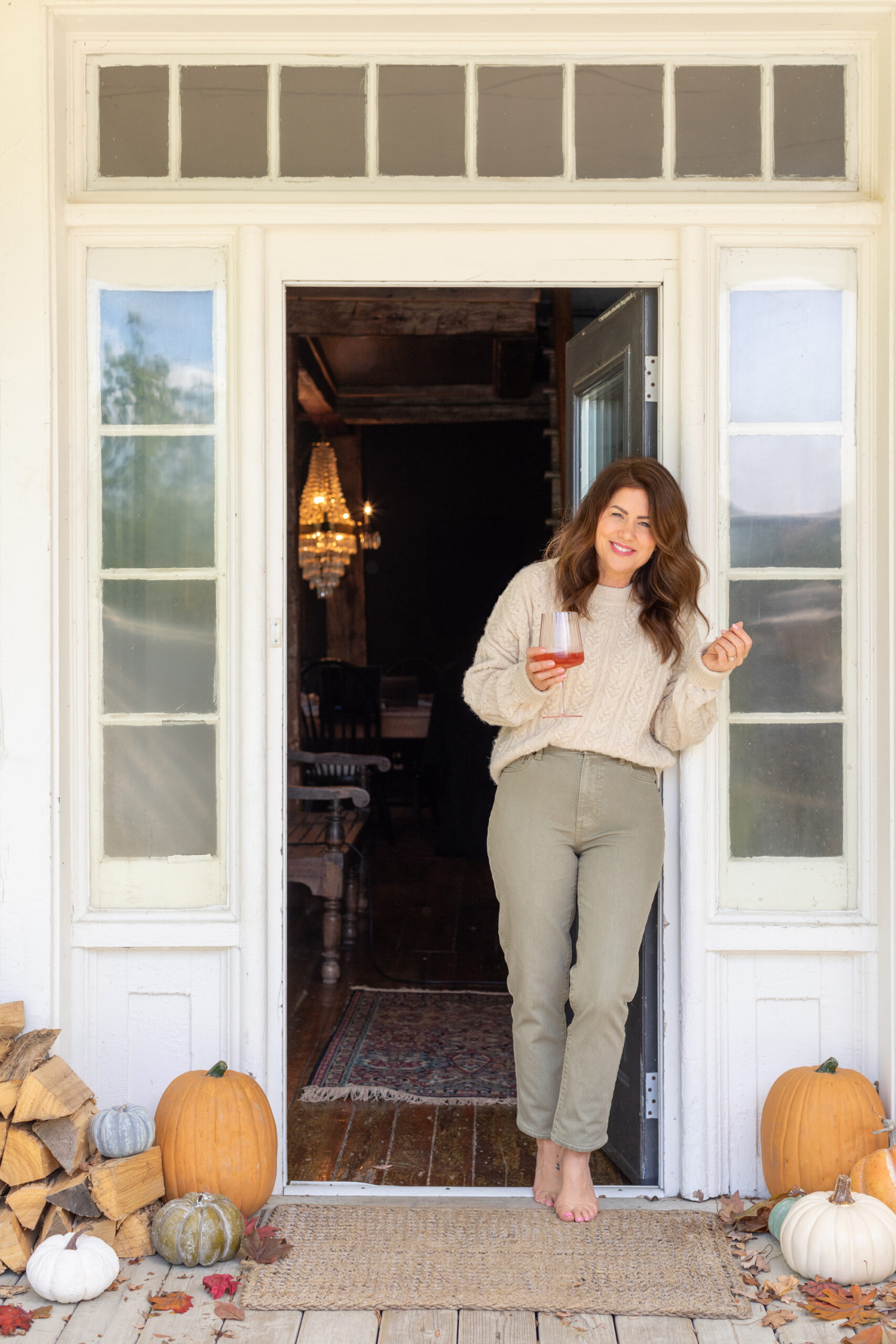 Jillian Harris wearing the Cable Knit Sweater and Olive Denim from the Jillian Harris x Joe Fresh x Life At Home™ Fall Collection