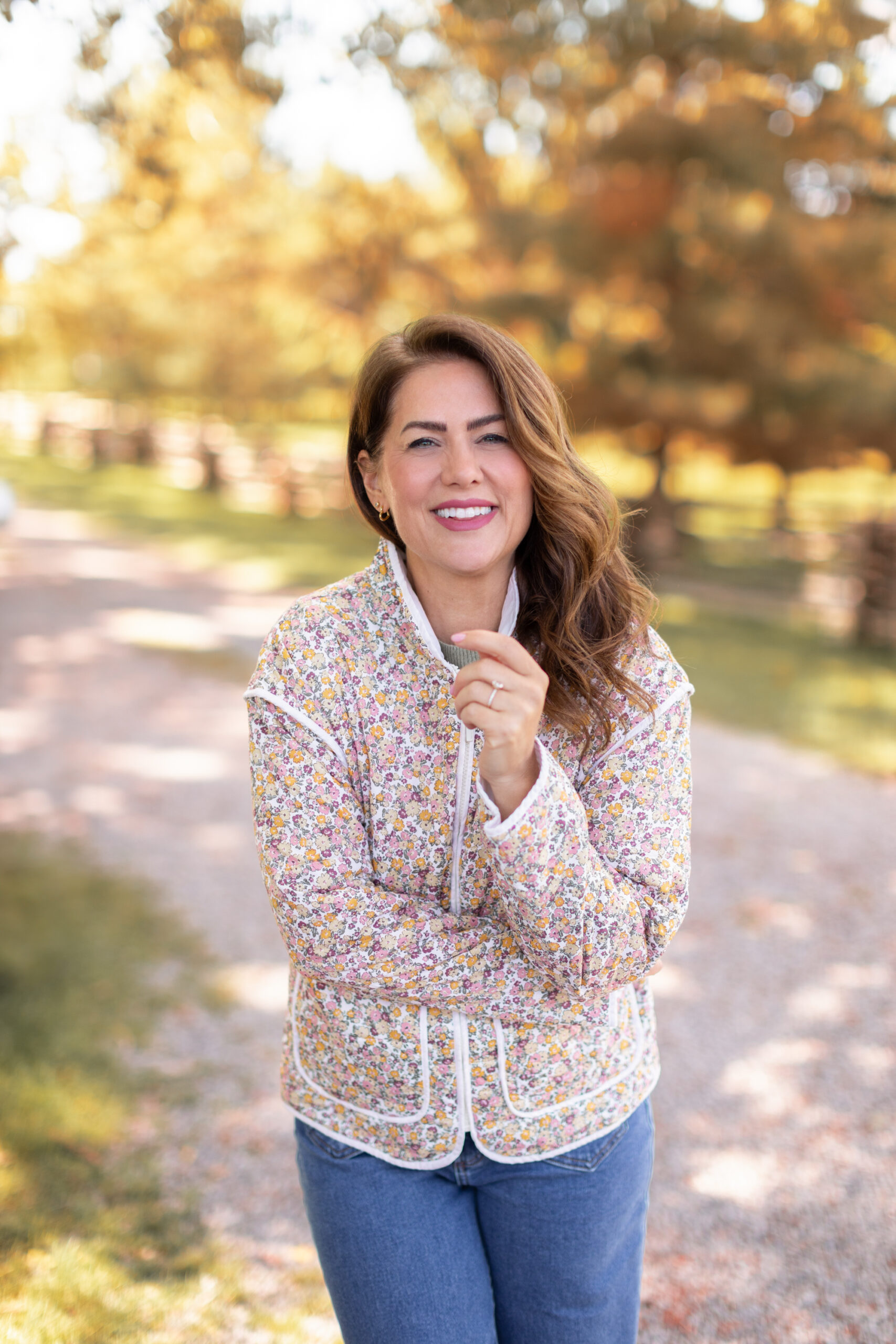 Jillian Harris wearing the Autumn Blooms Quilted Jacket from the Jillian Harris x Joe Fresh x Life At Home™ Fall Collection