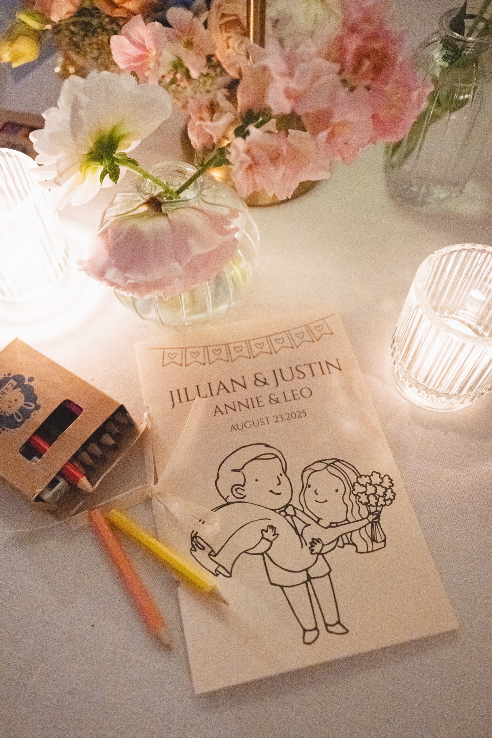 Kids colouring books at Jillian and Justin's wedding