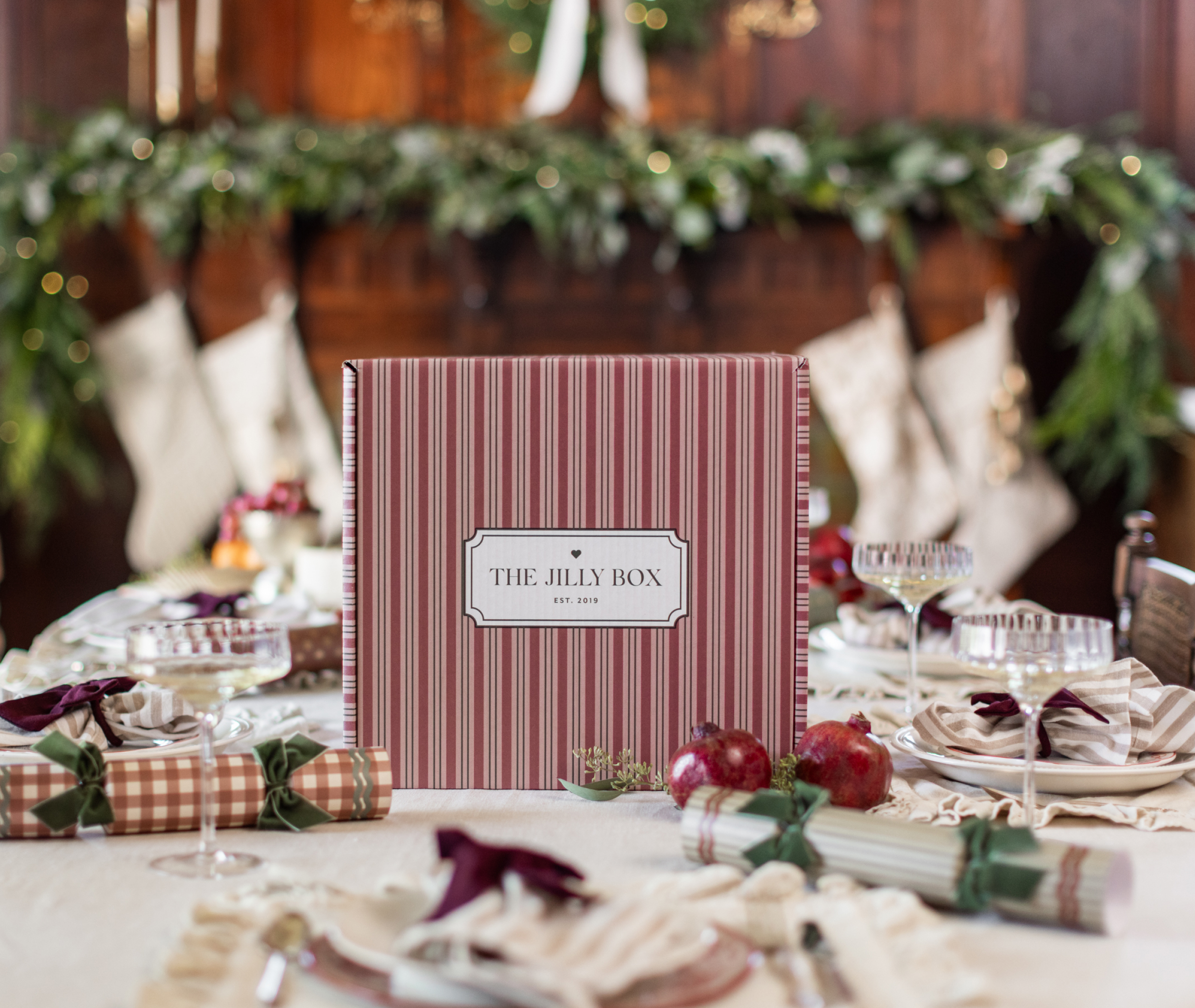 The Holiday Box sitting on a tablescape decorated for the holidays.